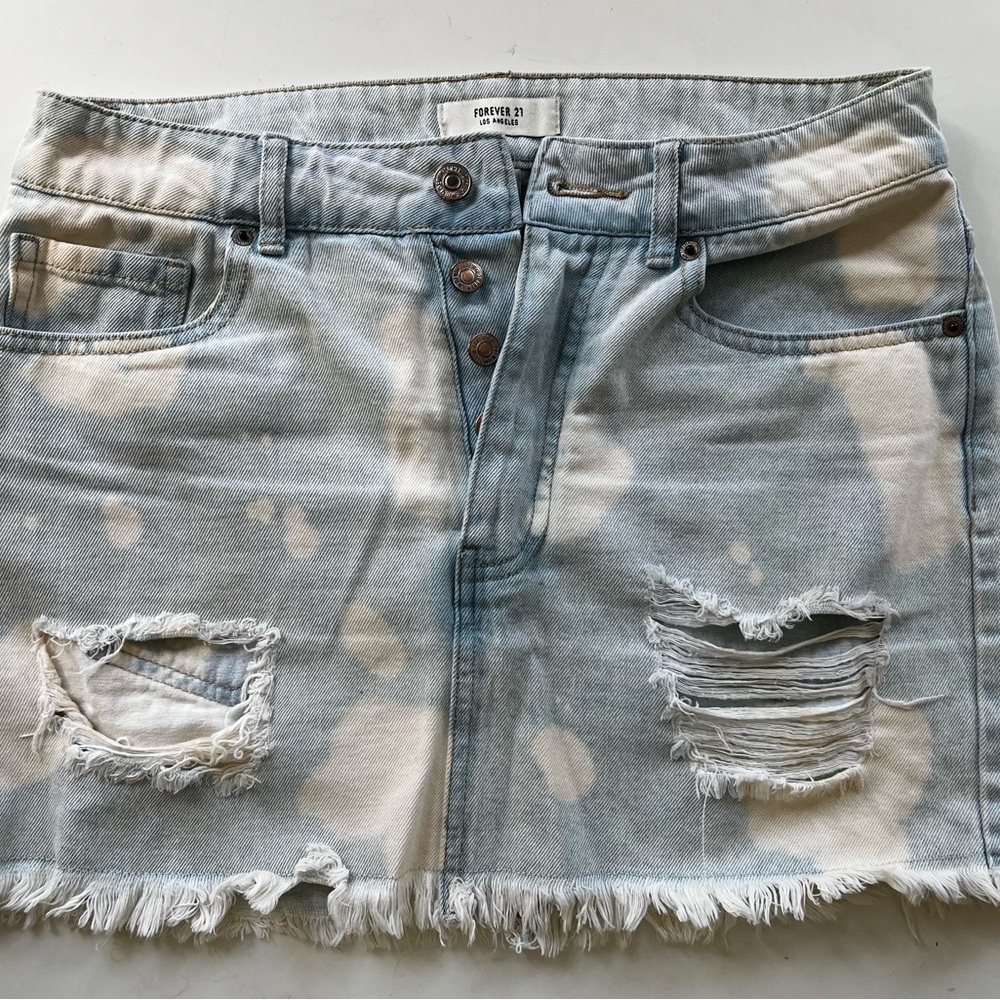 Forever 21 Light Blue and White Distressed Mini Skirt